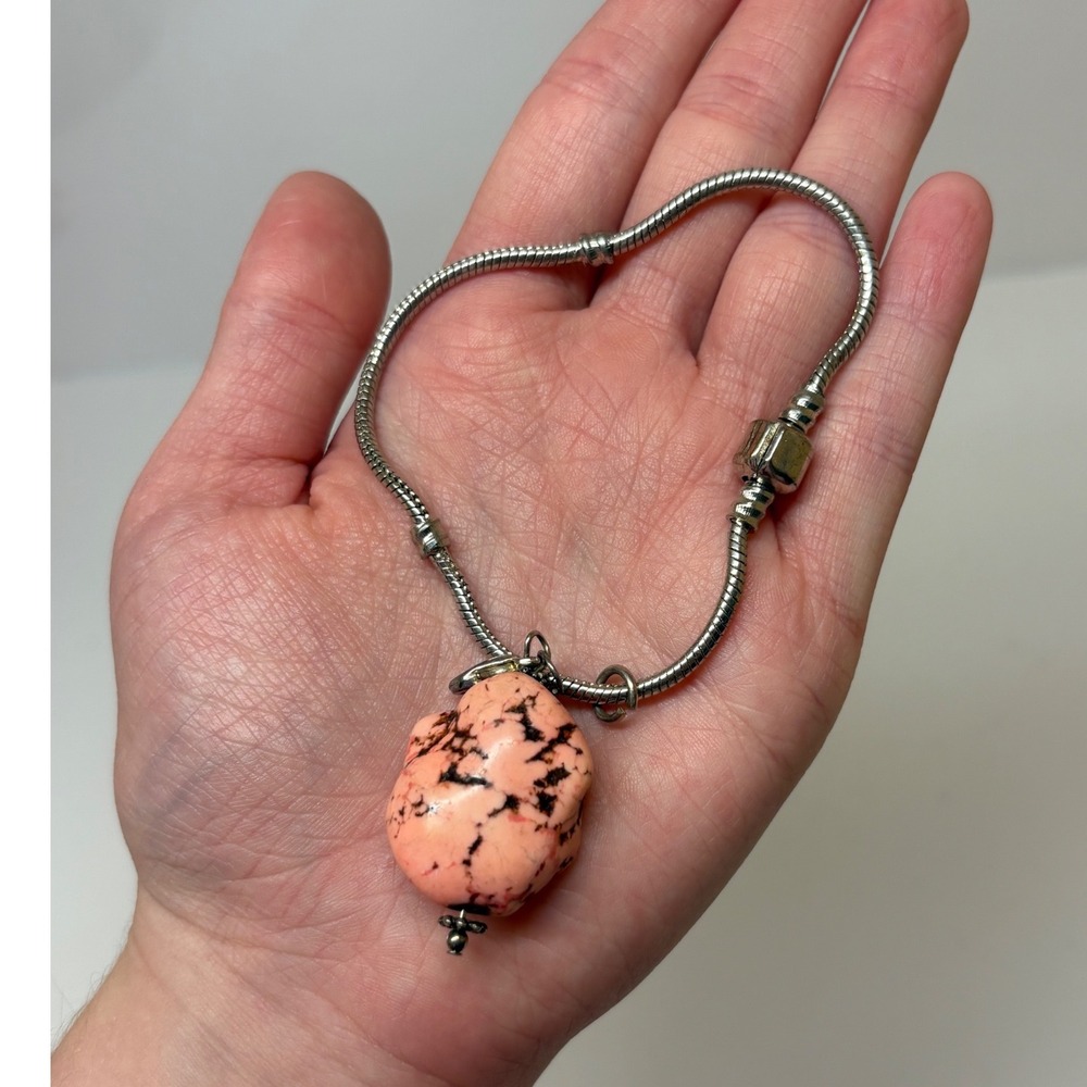 Pink Marbled Stone Snake Chain Bracelet Silver Tone Barrel Clasp 7.25in